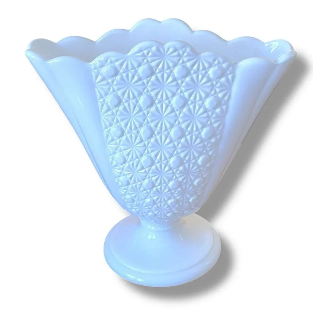 Vintage Fenton Daisy and Button Fan Vase White Milk Glass Cottagecore Farmhouse